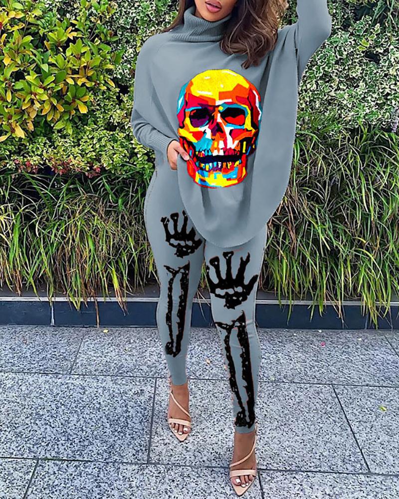 

Halloween Skeleton Print High Neck Top & Pants Set, Gray