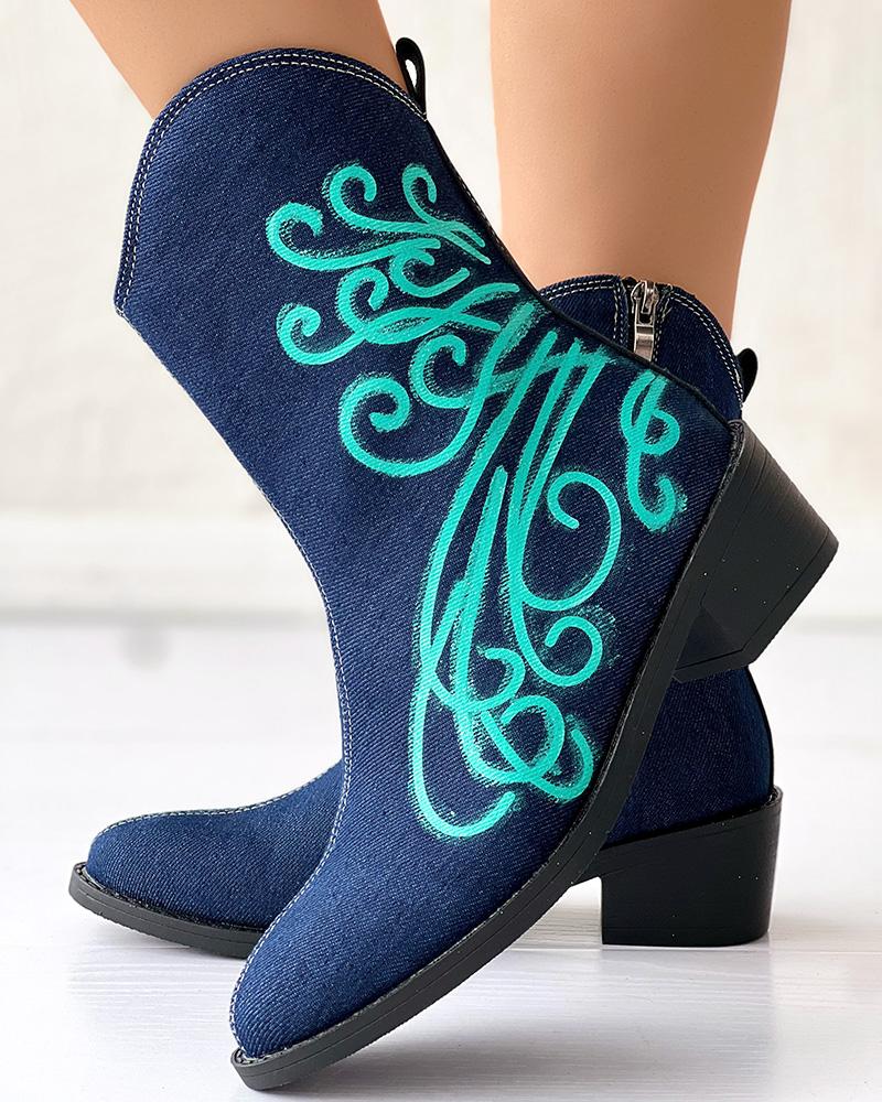 

Fire Graphic Print Point Toe Chunky Heel Ankle Boots, Green