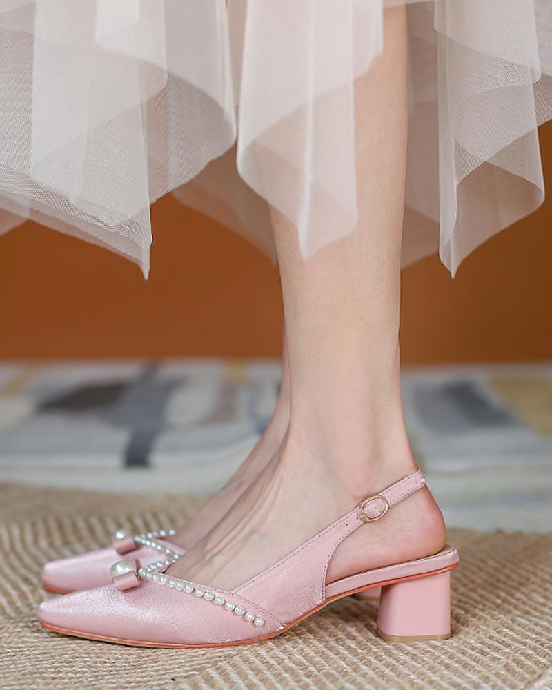 

Square-toe Splicing Beaded Sling Back Heel Shoes, Pink