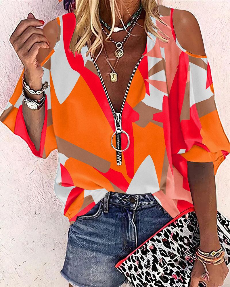 

Geo Print Zip Front Cold Shoulder Top, Orange
