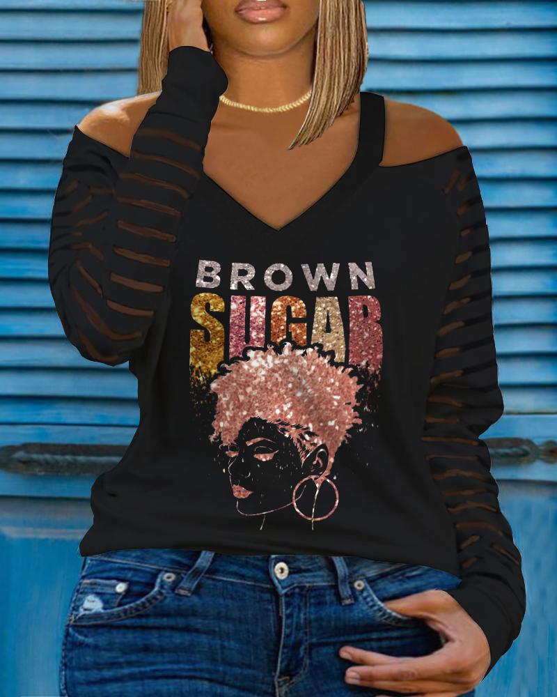 

Brown Sugar Afro Queen Print Contrast Mesh Cold Shoulder Top, Black