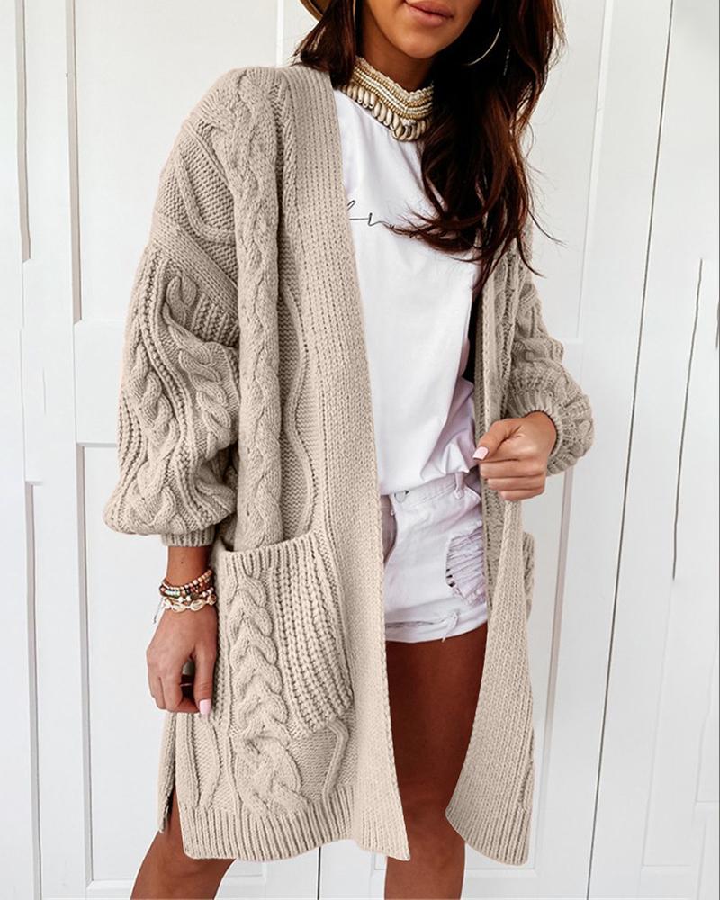 

Pocket Design Long Sleeve Cable Knit Cardigan, Khaki