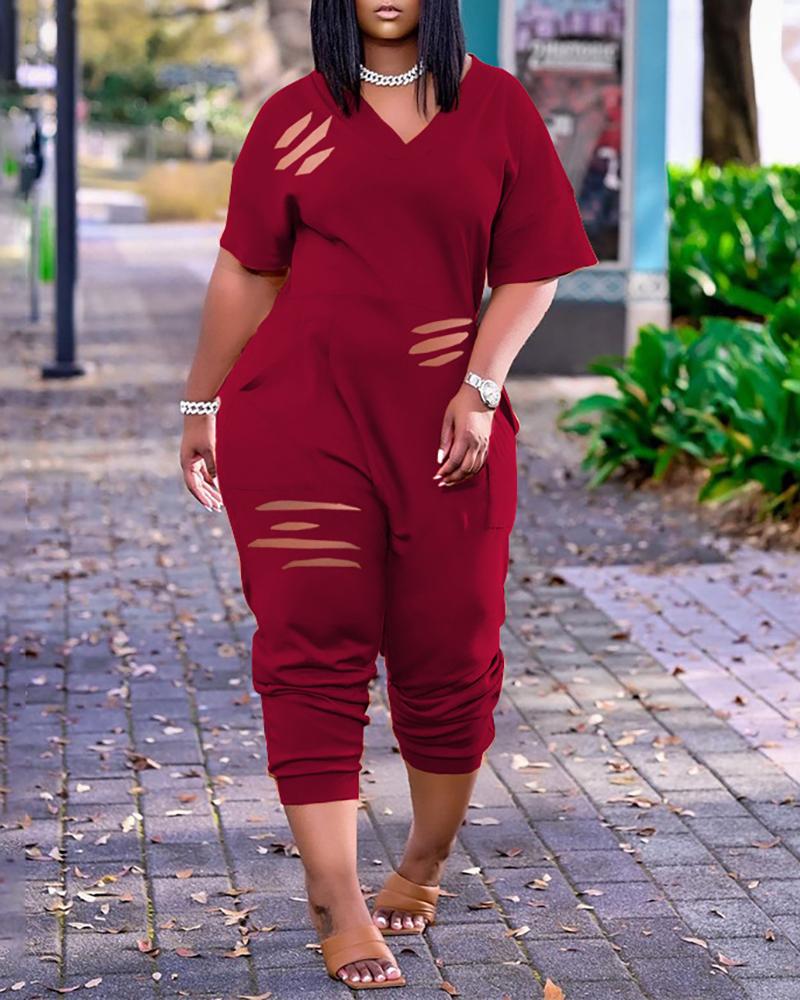 

Pocket Design Cutout Short Sleeve Jumpsuit, Wine red