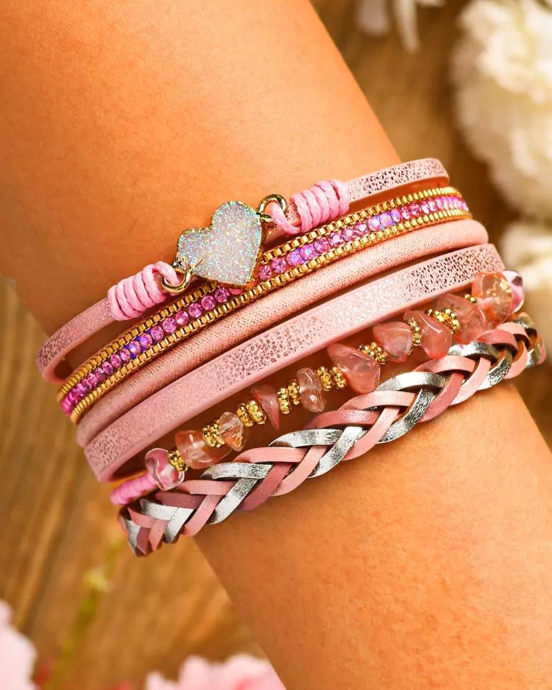

1pcs Valentine's Day Heart Stone Braid Multi-Layer Bracelet, Pink