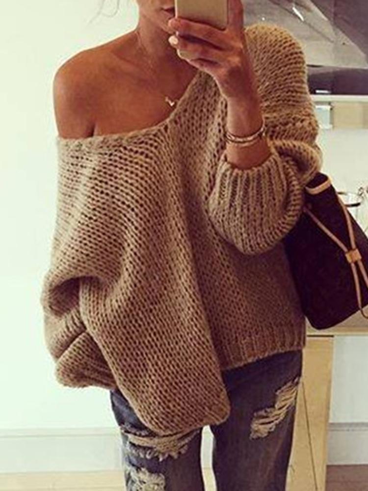 

Sexy V Neck Loose Jumper Sweater, Gray