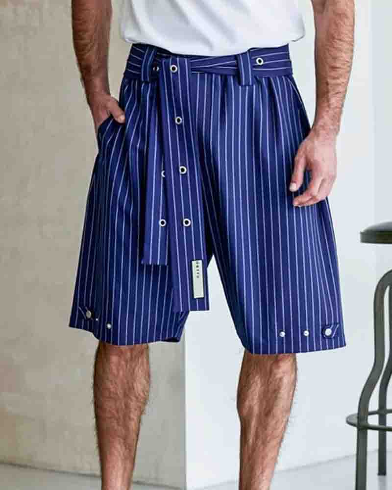 

Striped Loose Lace-up Waist Shorts, Blue