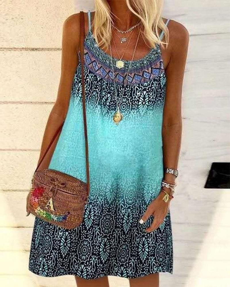 

Vintage Tribal Print Casual Cami Dress, Sky blue