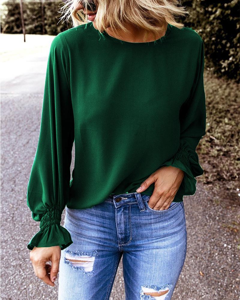 

Plain Flounce Sleeve Casual Top, Green