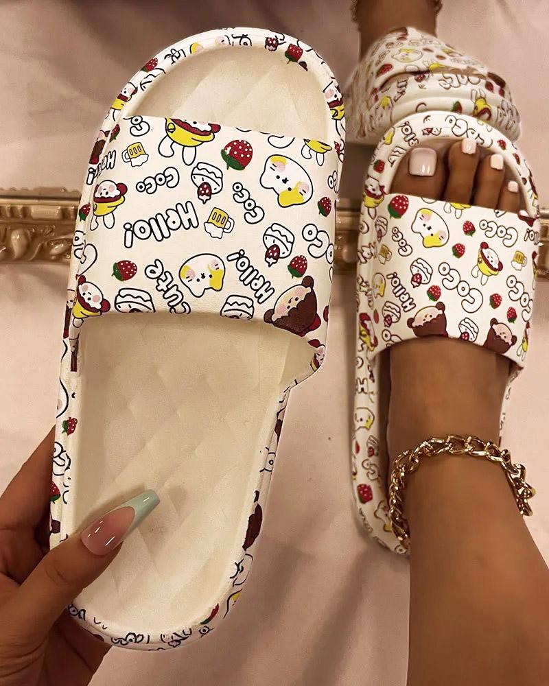 

Cartoon Letter Print Round Toe Non-slip Slippers, Beige