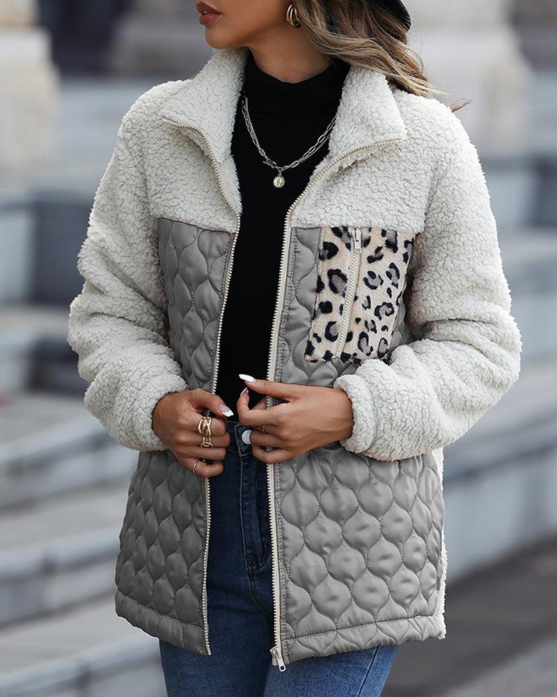 

Leopard Patchwork Colorblock Zipper Fly Puffer Teddy Coat, Gray