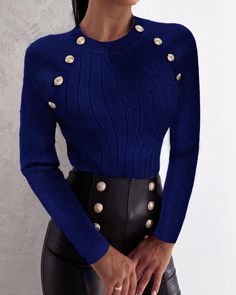 

Button Design Long Sleeve Casual Sweater, Blue