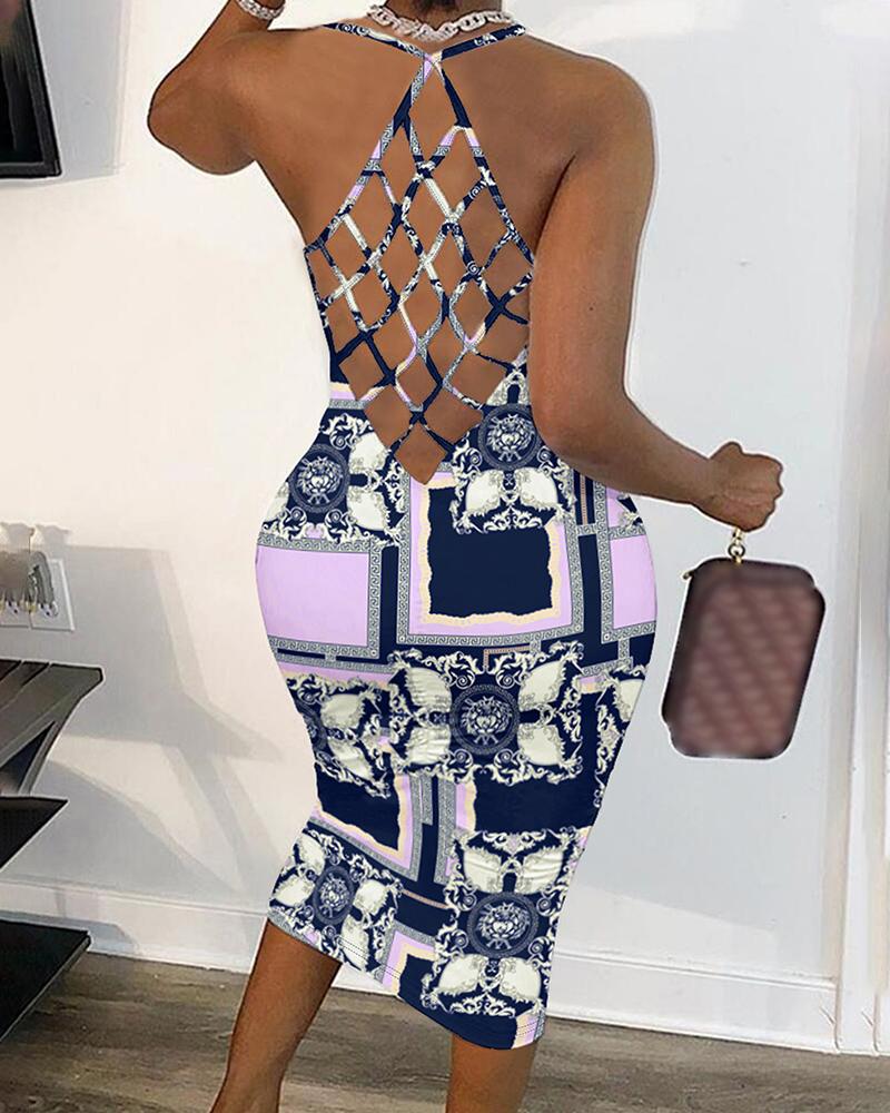 

Baroque Scarf Print Backless Bodycon Dress, Purple