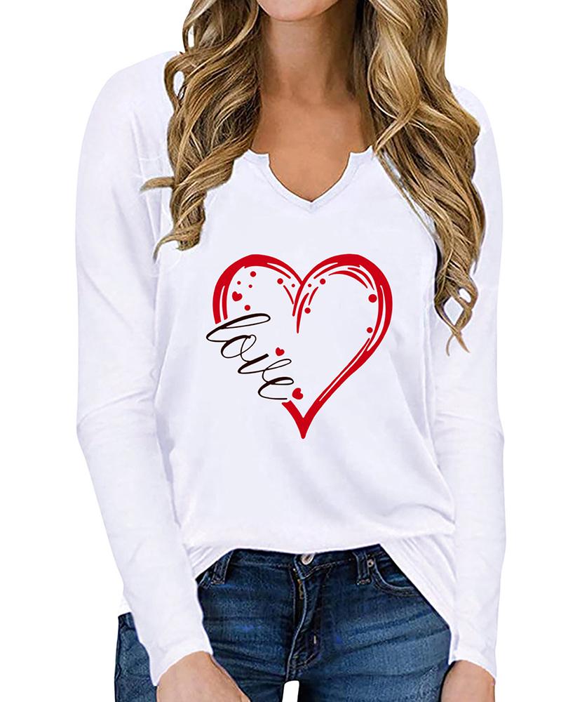 

Valentine' Day Letter Heart Print Long Sleeve Top, White