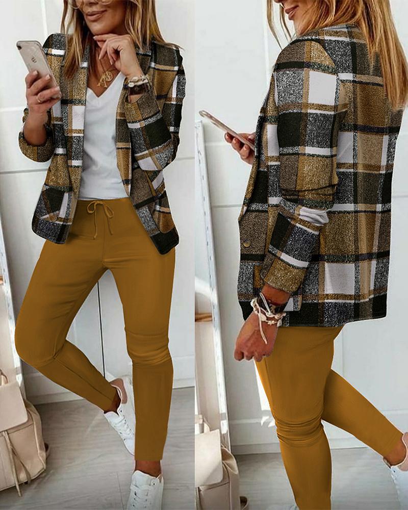 Plaid Print Shawl Collar Blazer Coat & Drawstring Pants Set