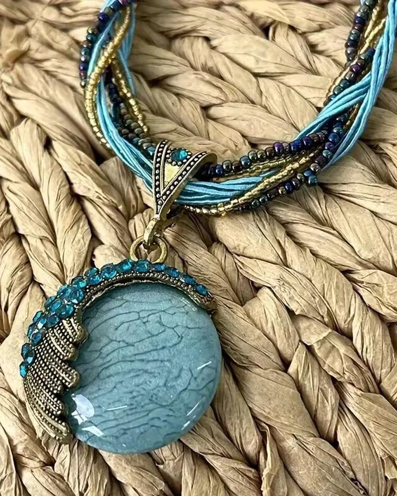 

1pc Bohemian Braided Turquoise Pendant Necklace, Blue