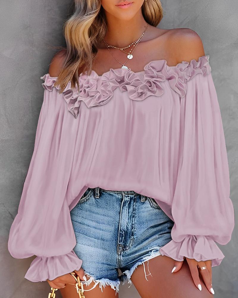 

Ruffle Hem Lantern Sleeve Top, Pink