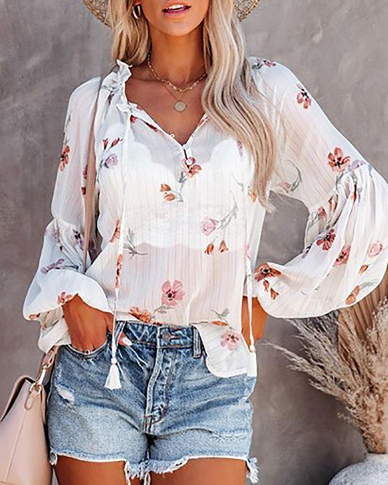 

Floral Print Lantern Sleeve Tassel Design Top, White