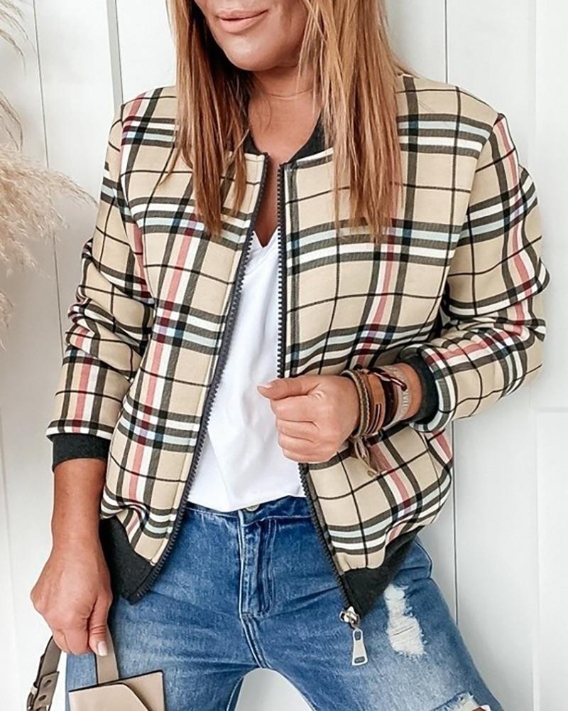 

Plaid Print Zip Front Baseball Coat, Apricot