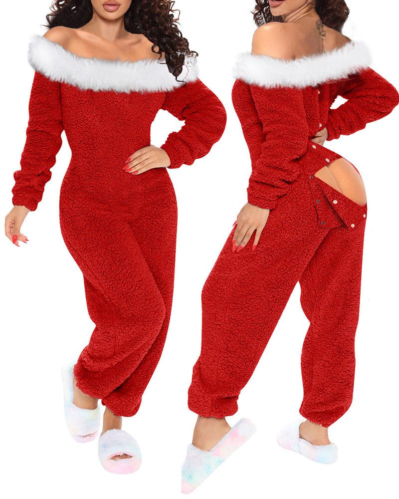 

Christmas Fuzzy Trim Off Shoulder Flap Pajamas Jumpsuit, Red