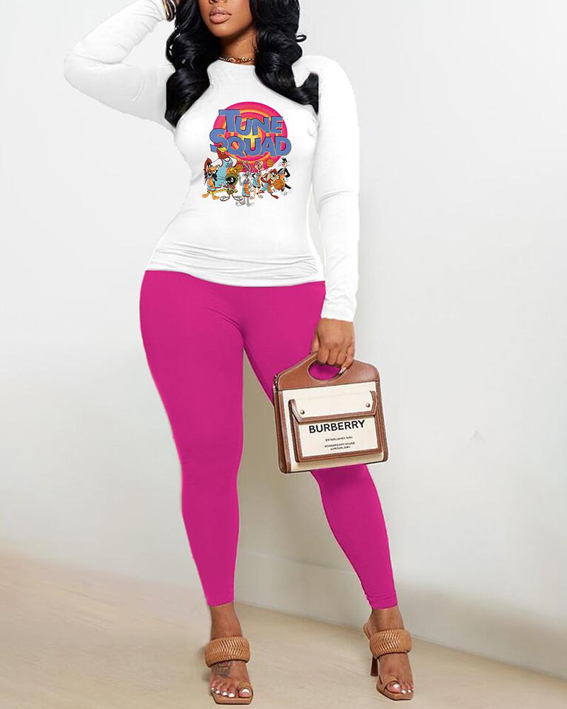 

Plus Size Graphic Letter Print Long Sleeve Top & Pants Set, Hot pink