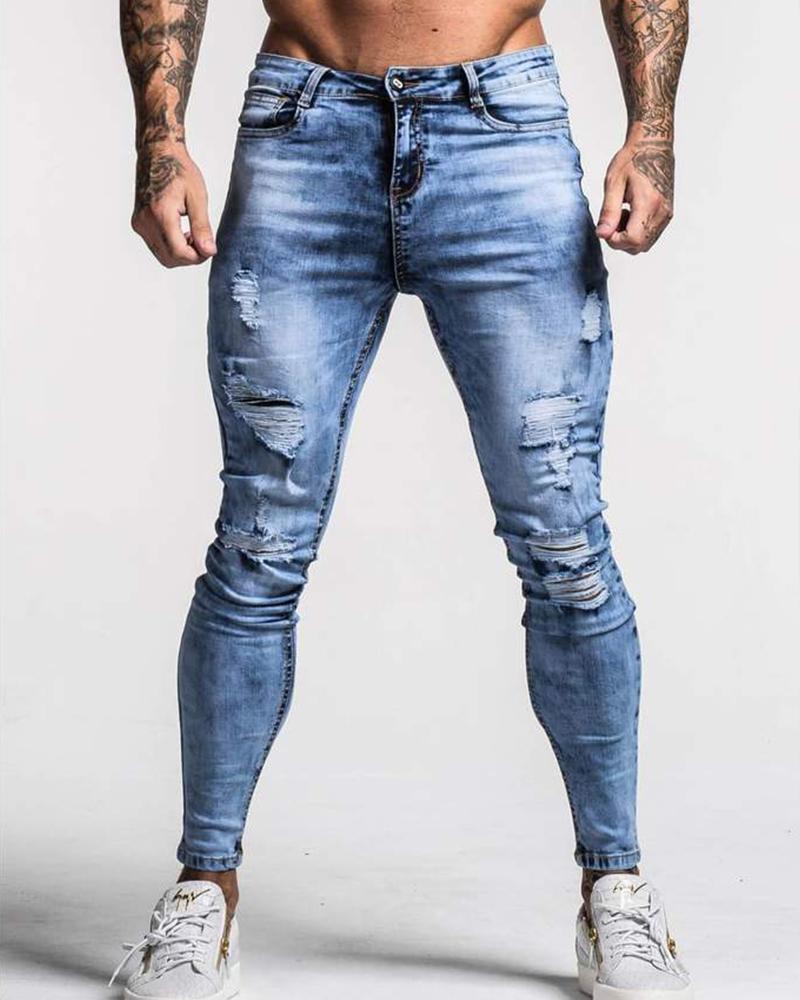 

Solid Color Washing Skinny Ripped Jean Pants, Blue