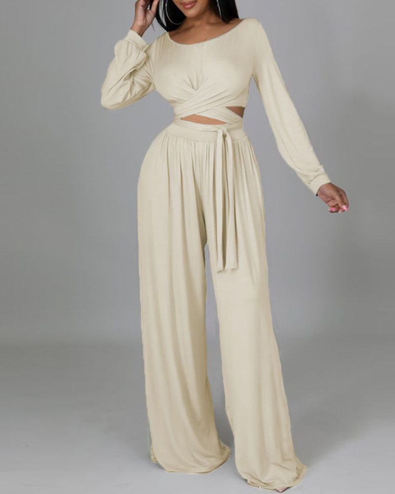 

Long Sleeve Cross Tie Crop Top & Wide Leg Pants Set, Apricot