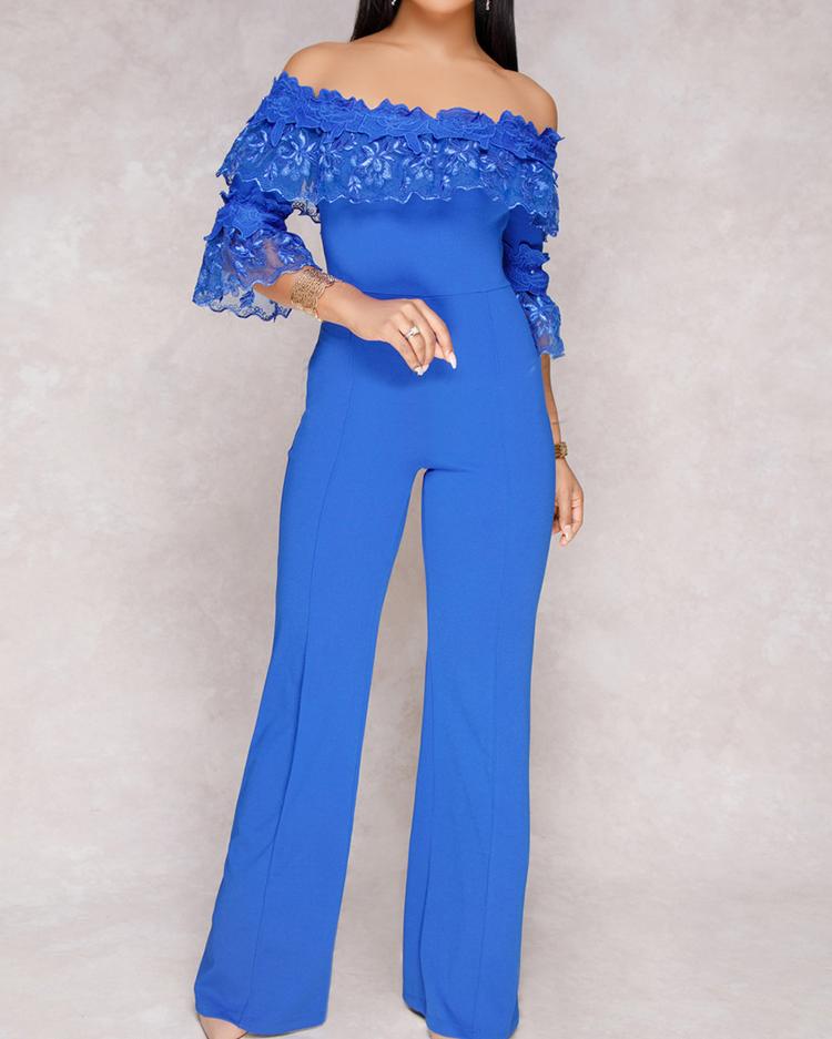 

Guipure Lace Patchwork Bardot Jumpsuit, Blue