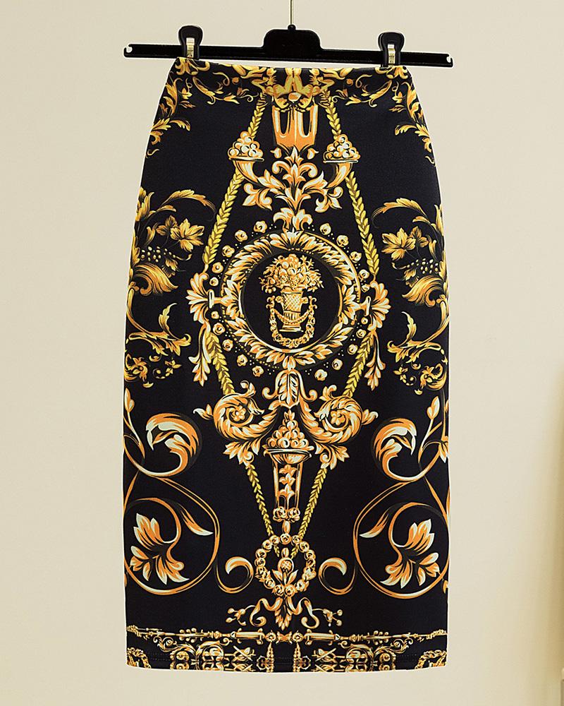 

High Waist Baroque Print Pencil Skirt, Style1