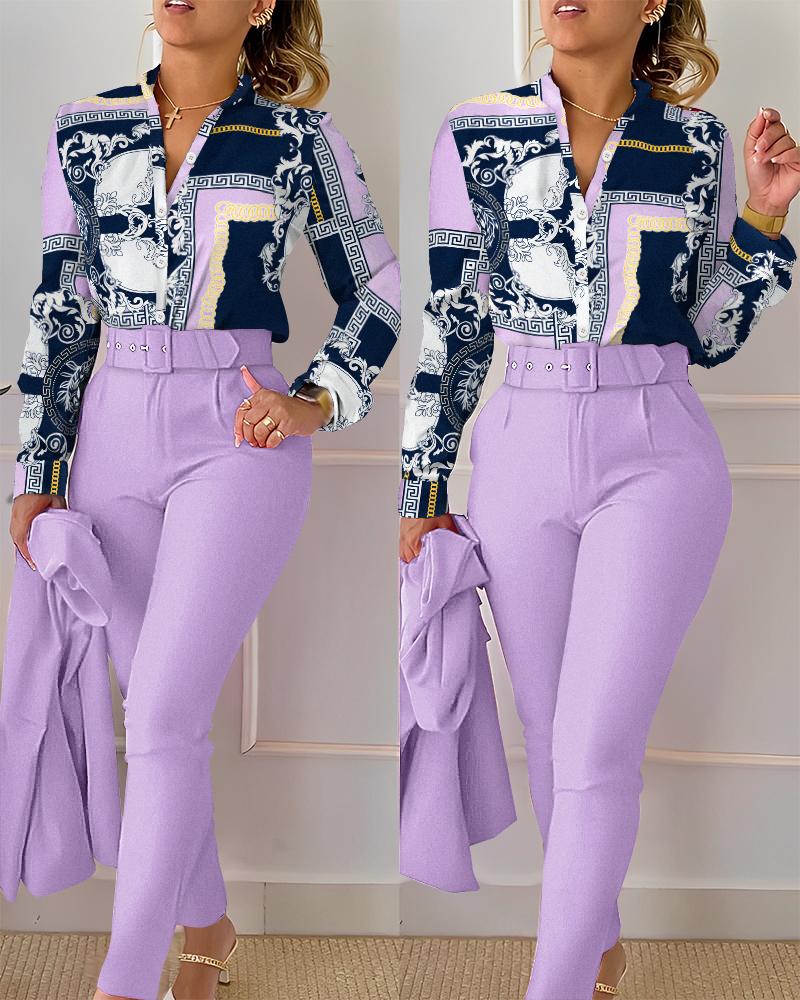 

Scarf Baroque Print Shirt & High Waist Pants Set, Purple