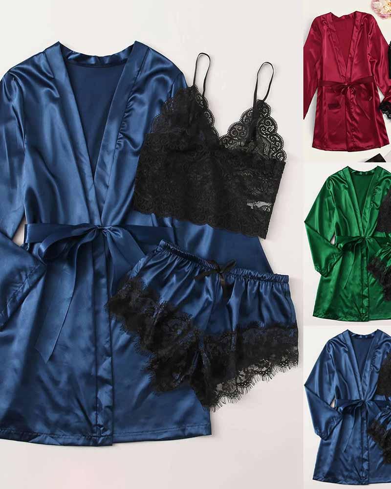 

Satin Eyelash Crochet Lace Cami Set With Robe, Purplish blue