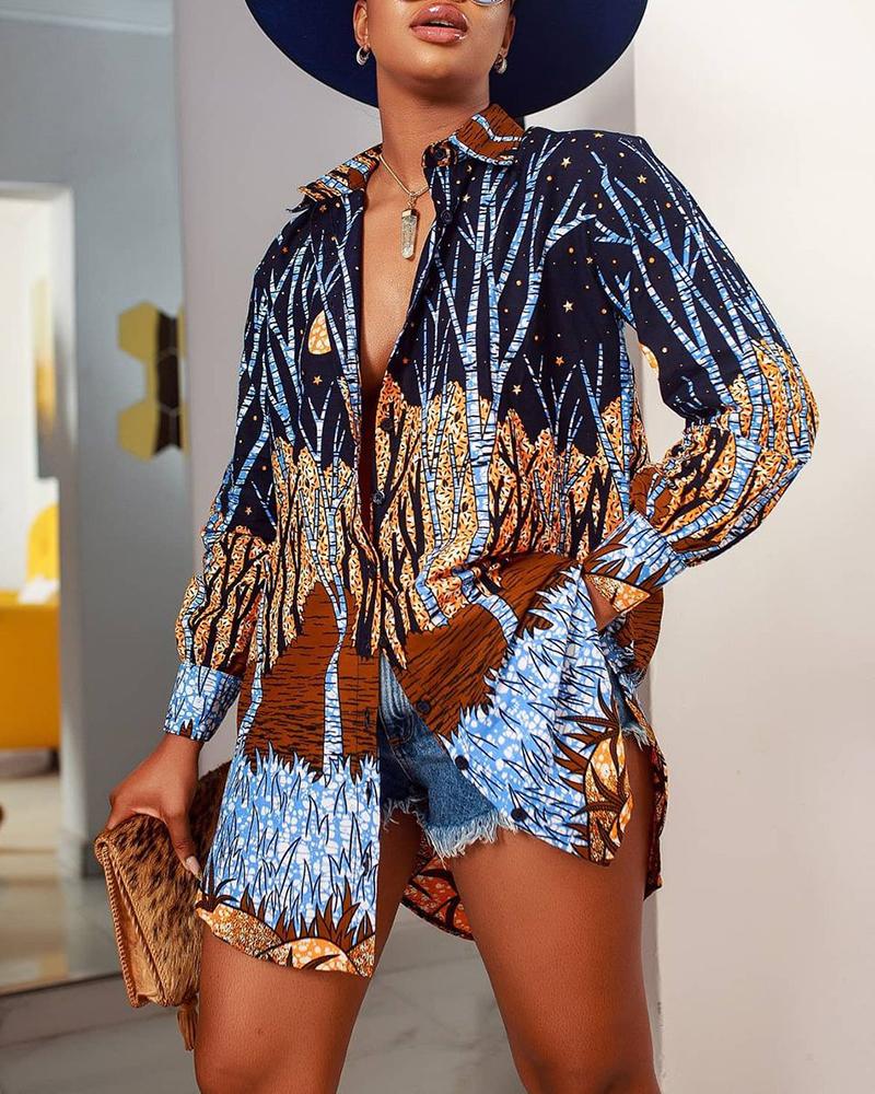 

Graphic Print Buttoned Long Sleeve Shirt Dress, Blue