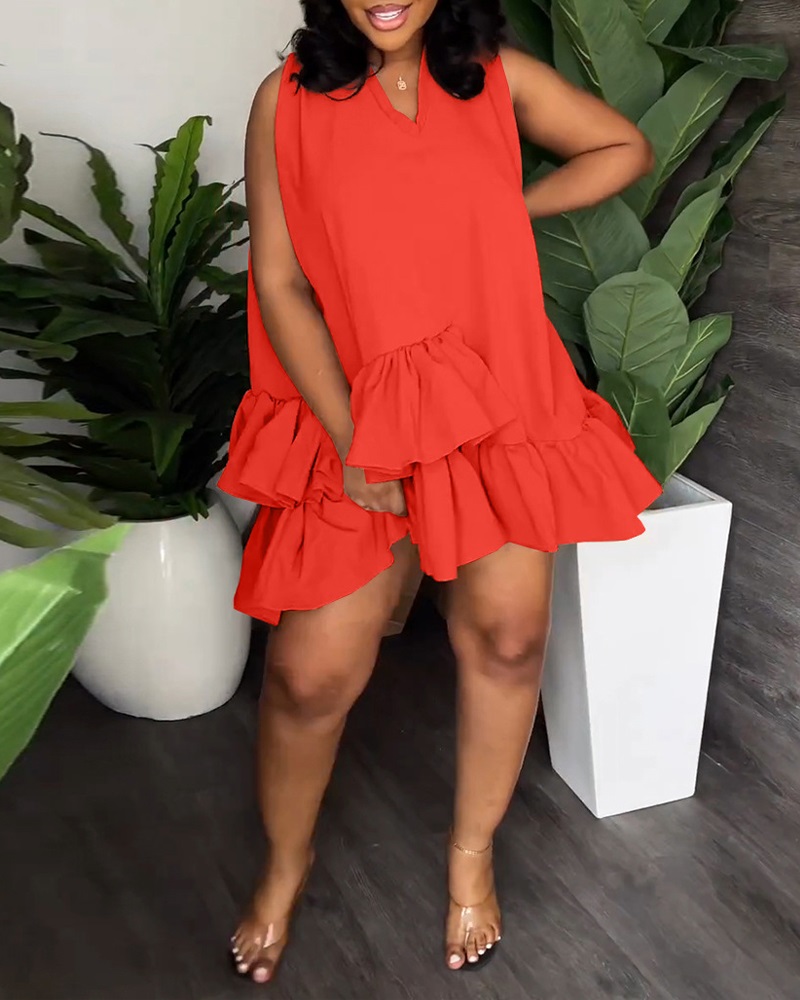 

V-Neck Layered Ruffle Hem Casual Dress, Red