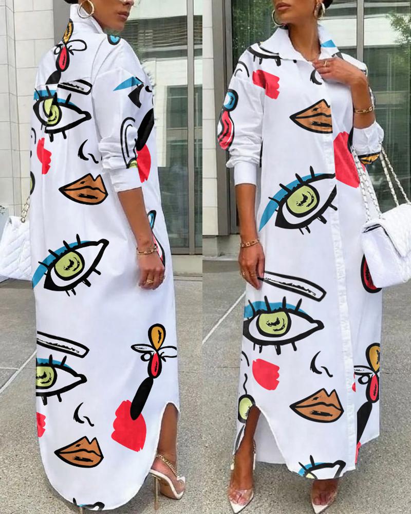 

Graphic Eye Lip Print Button Down Shirt Dress, White