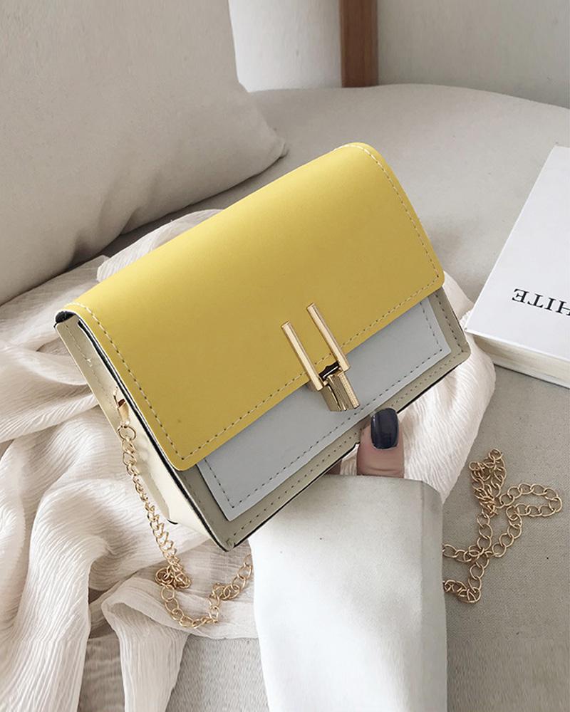 

Colorblock Chain Strap Lock Flap Shoulder Bag, Yellow