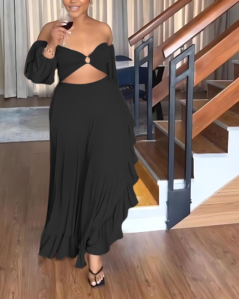 

Off Shoulder Backless Ruffle Hem Evening Dress, Black