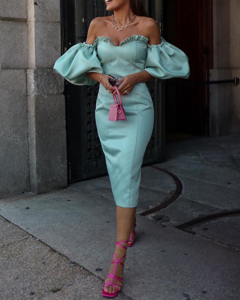 

Off Shoulder Puff Sleeve Frill Hem Party Dress, Blue