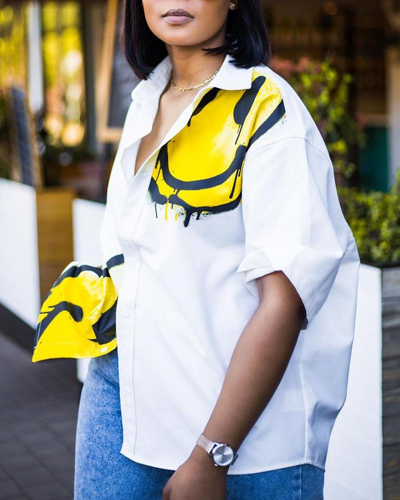 

Smile Face Print Buttoned Shirt, White
