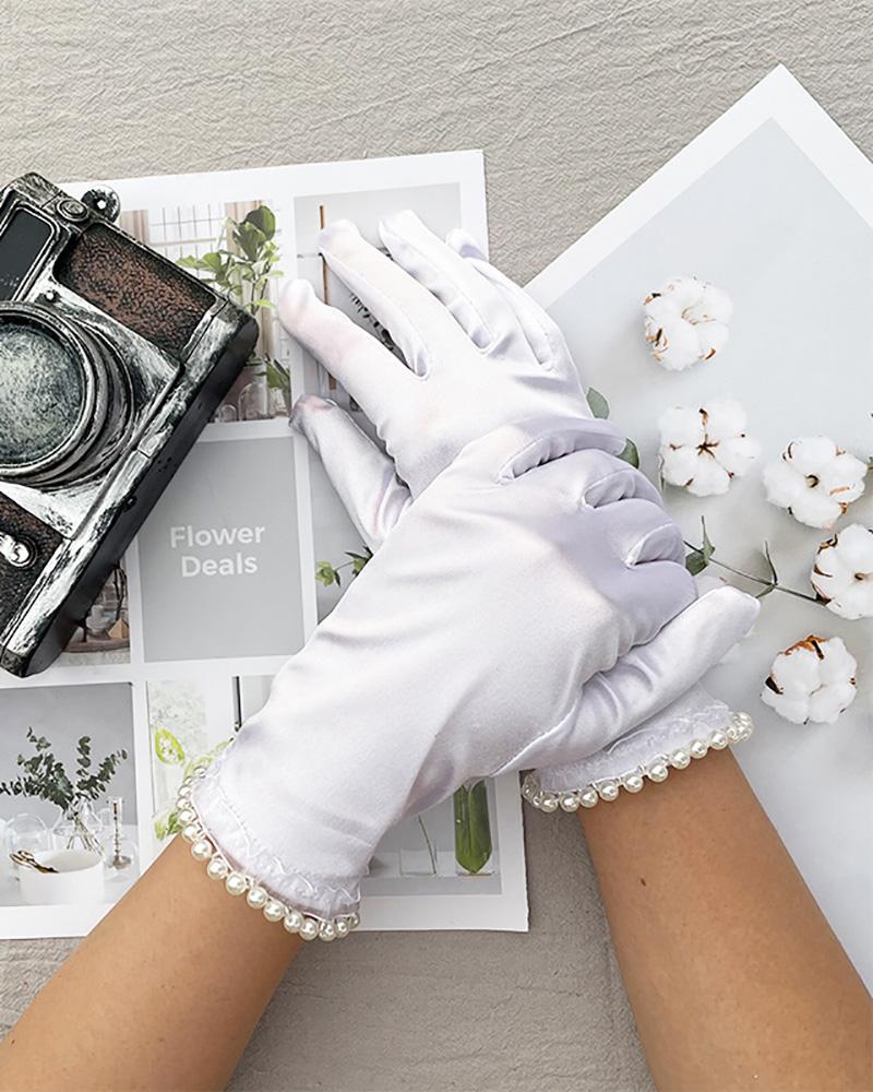 

Pearls Decor Frill Hem Satin Gloves, White