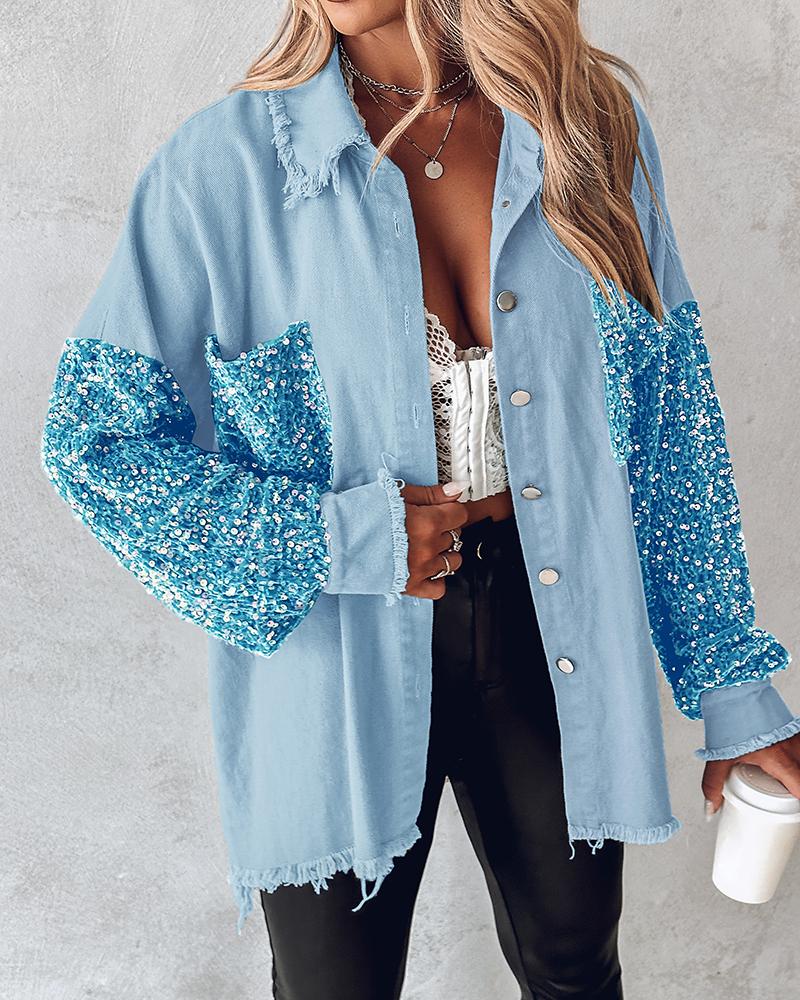 

Casual Jacket Sequin Patchwork Long Sleeve Jacket Top Button Front Raw Hem Oversized Denim Shacket, Lighted blue