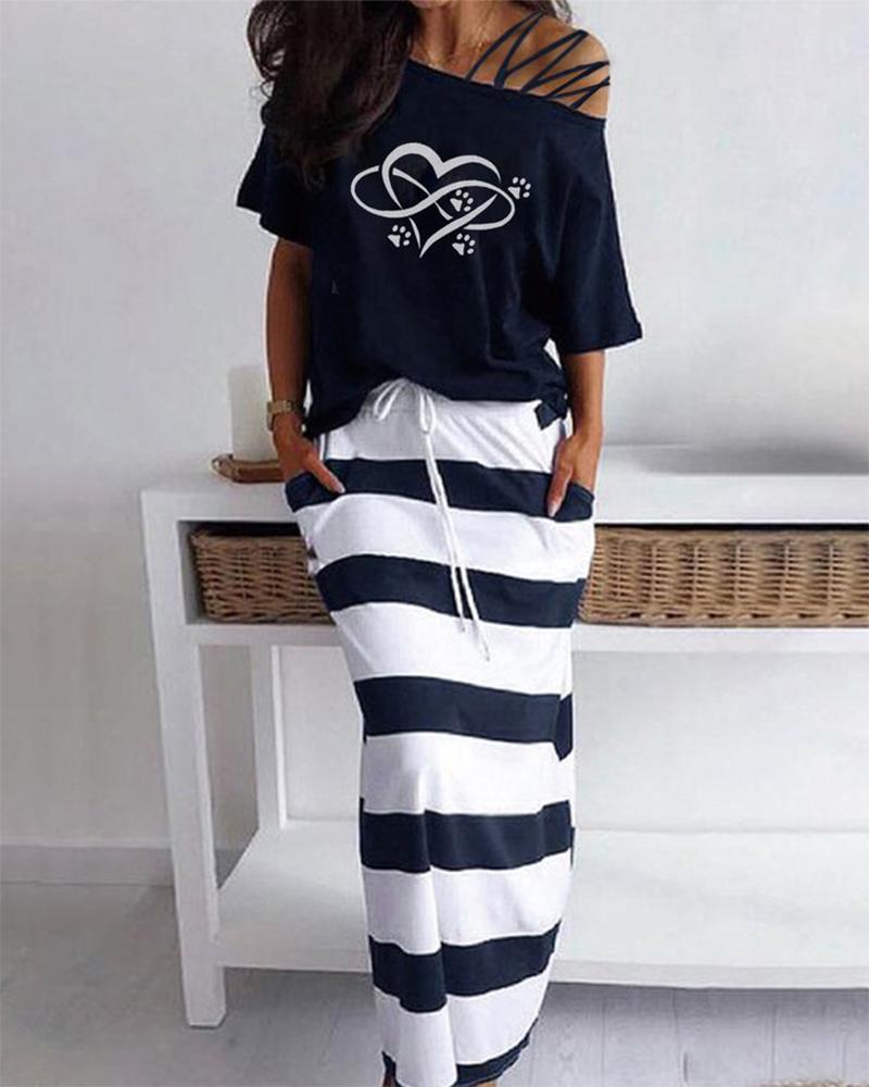 

Strappy Heart Print T-shirt & Striped Print Skirt Set, Purplish blue