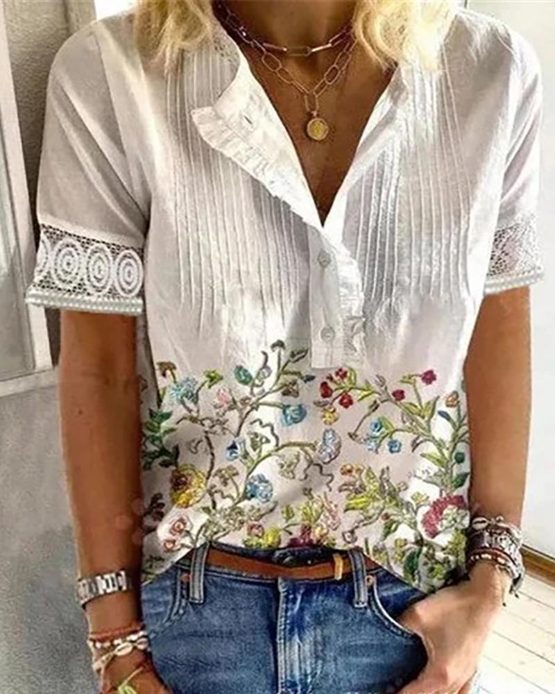 

Floral Print Frill Hem Lace Patch Top, White