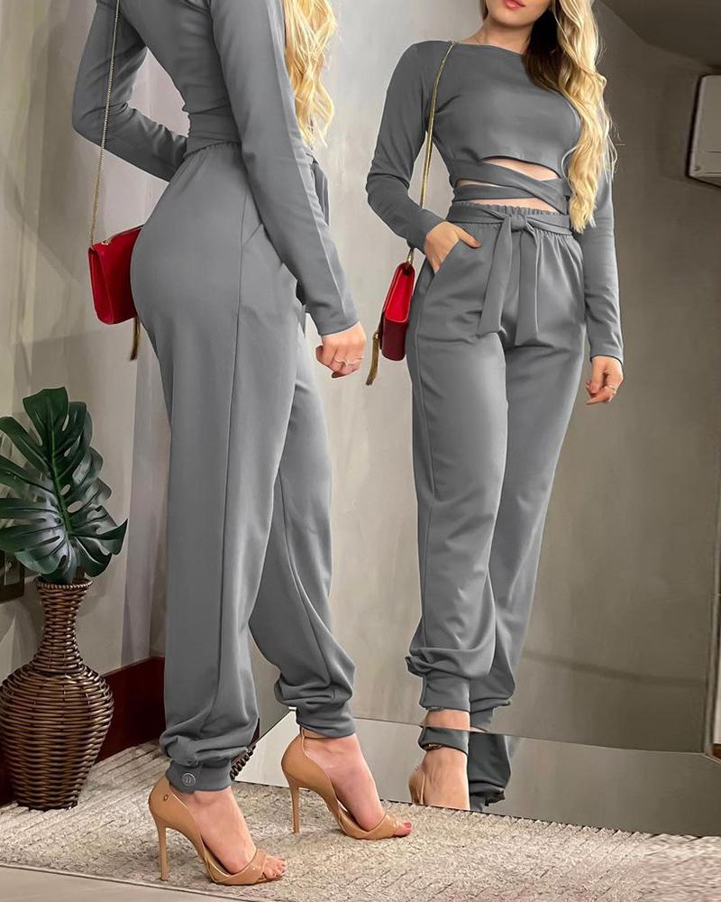 

Long Sleeve Tied Detail Top & Pocket Design Pants Set, Gray