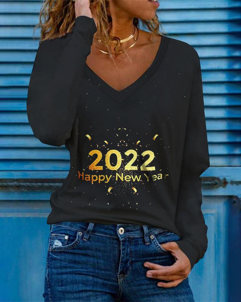 

Happy New Year Print Long Sleeve V-Neck Top, Black