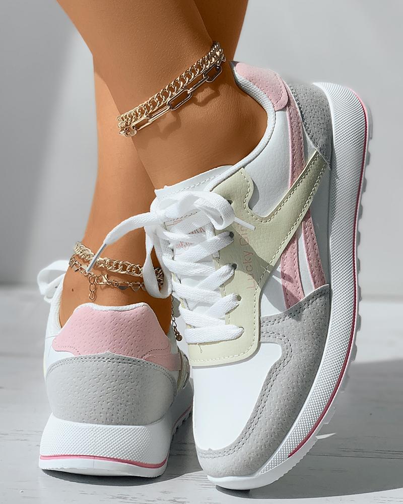 

Colorblock Letter Print Lace-up Platform Sneakers, White&pink