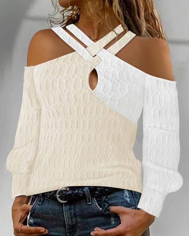 

Colorblock Cold Shoulder Cable Textured Top, Apricot
