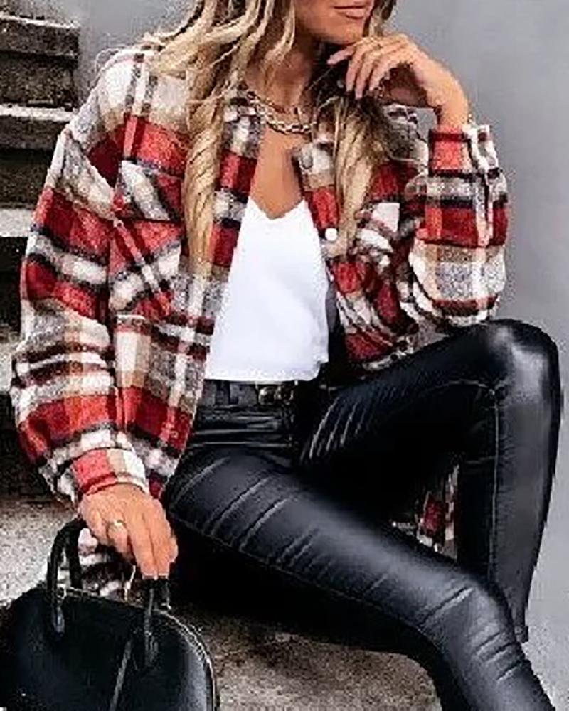

Plaid Print Colorblock Button Front Shirt, Red
