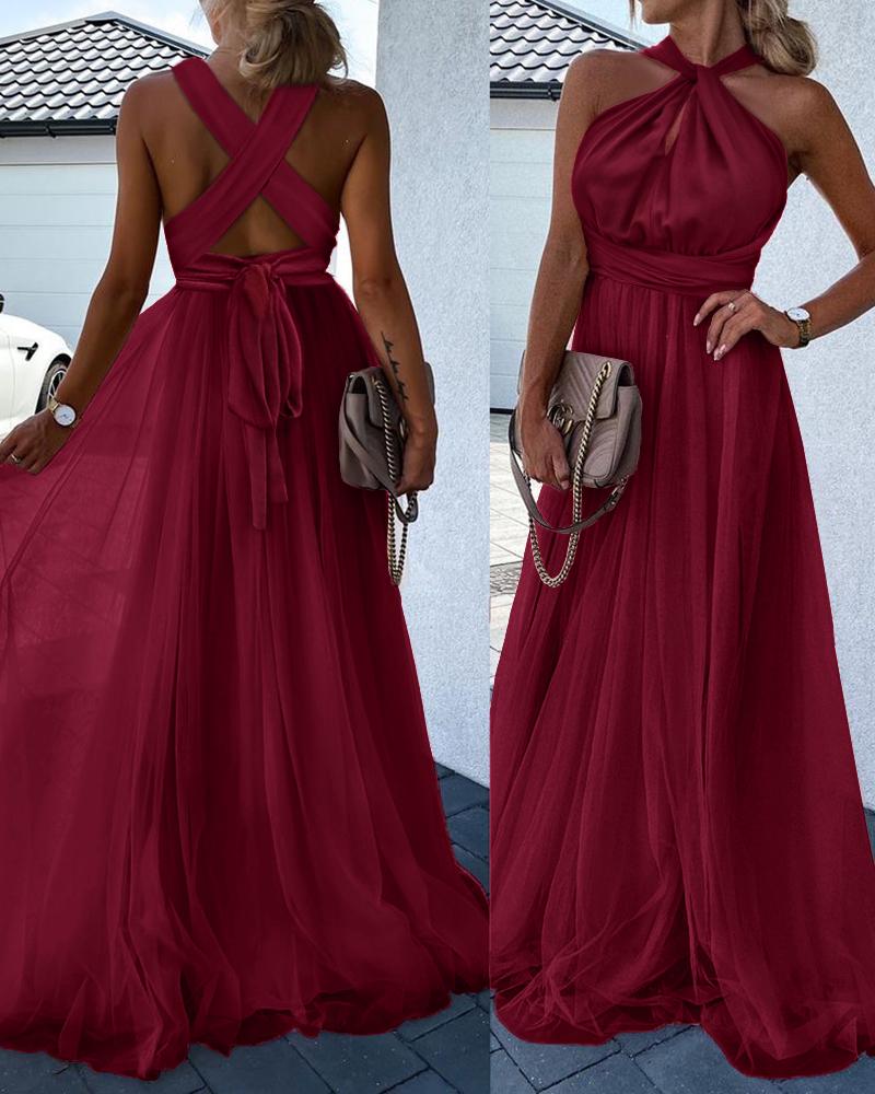 

Solid Contrast Mesh Crisscross Tie Back Maxi Dress, Red
