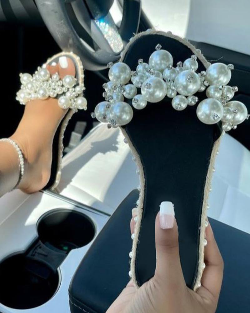 

Beaded Rhinestone Decor Open Toe Slippers, Black