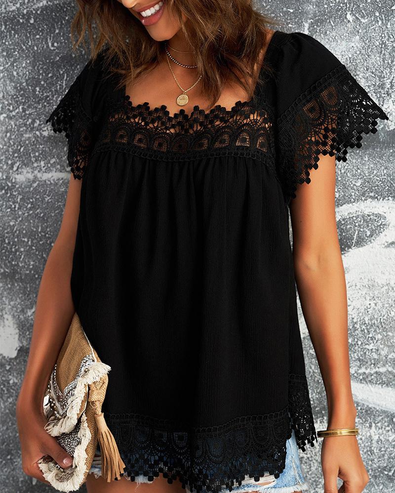 

Guipure Lace Patch Square Neck Puff Sleeve Top, Black