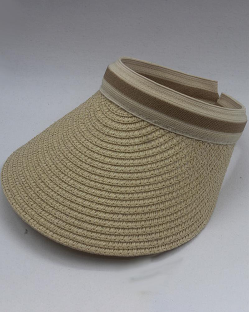 

Contrast Paneled Sun Visor Beach Straw Cap, Beige